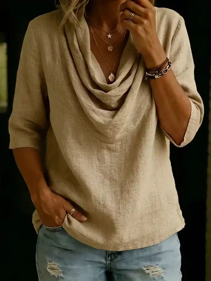 Women's Solid-Color Swing-Neck Casual Cotton-Linen Shirt Top