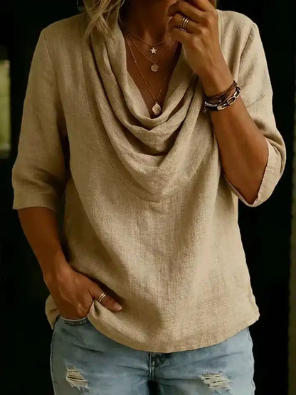 Women's Solid-Color Swing-Neck Casual Cotton-Linen Shirt Top
