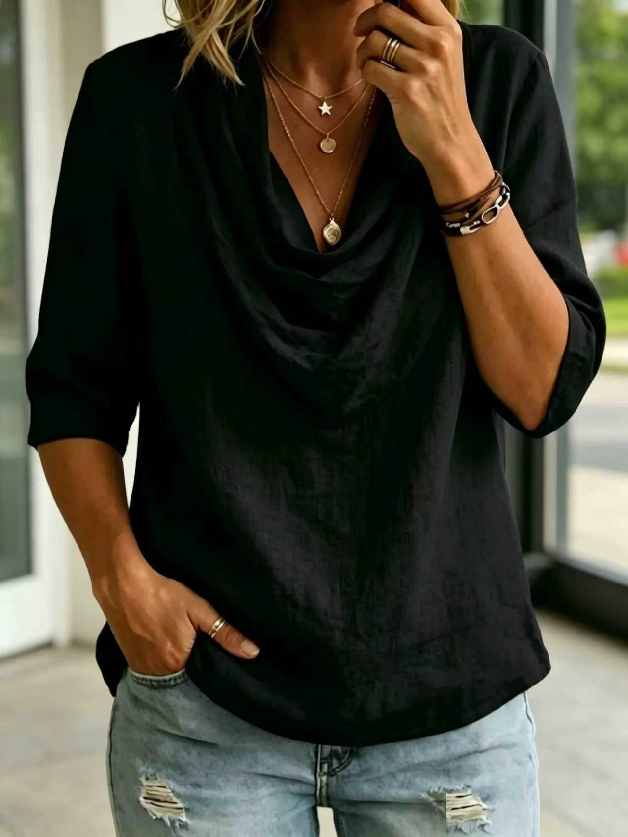 Women's Solid-color Swing-neck Casual Cotton-linen Shirt Top