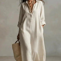 Women's Striped Sleeveless Shirt Collar V-neck Long-sleeved Dress