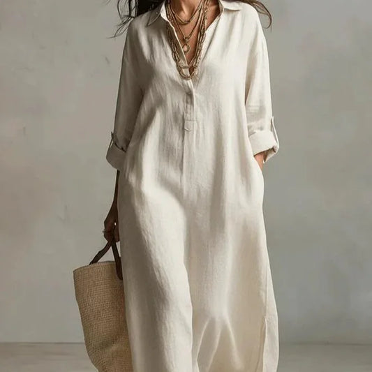 Women's Striped Sleeveless Shirt Collar V-neck Long-sleeved Dress