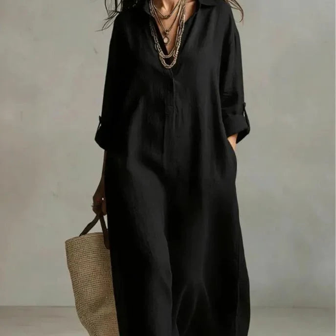Women's Striped Sleeveless Shirt Collar V-neck Long-sleeved Dress