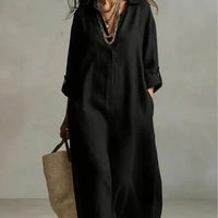 Women's Striped Sleeveless Shirt Collar V-neck Long-sleeved Dress