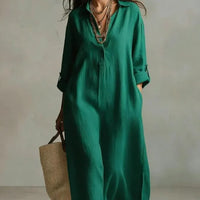 Women's Striped Sleeveless Shirt Collar V-neck Long-sleeved Dress