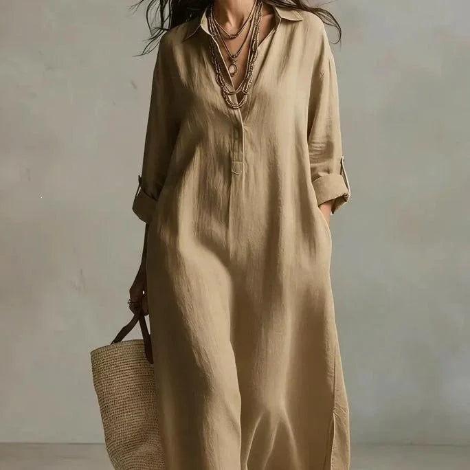 Women's Striped Sleeveless Shirt Collar V-neck Long-sleeved Dress