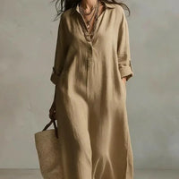Women's Striped Sleeveless Shirt Collar V-neck Long-sleeved Dress