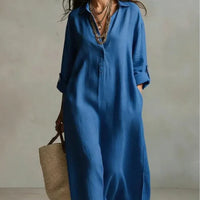 Women's Striped Sleeveless Shirt Collar V-neck Long-sleeved Dress