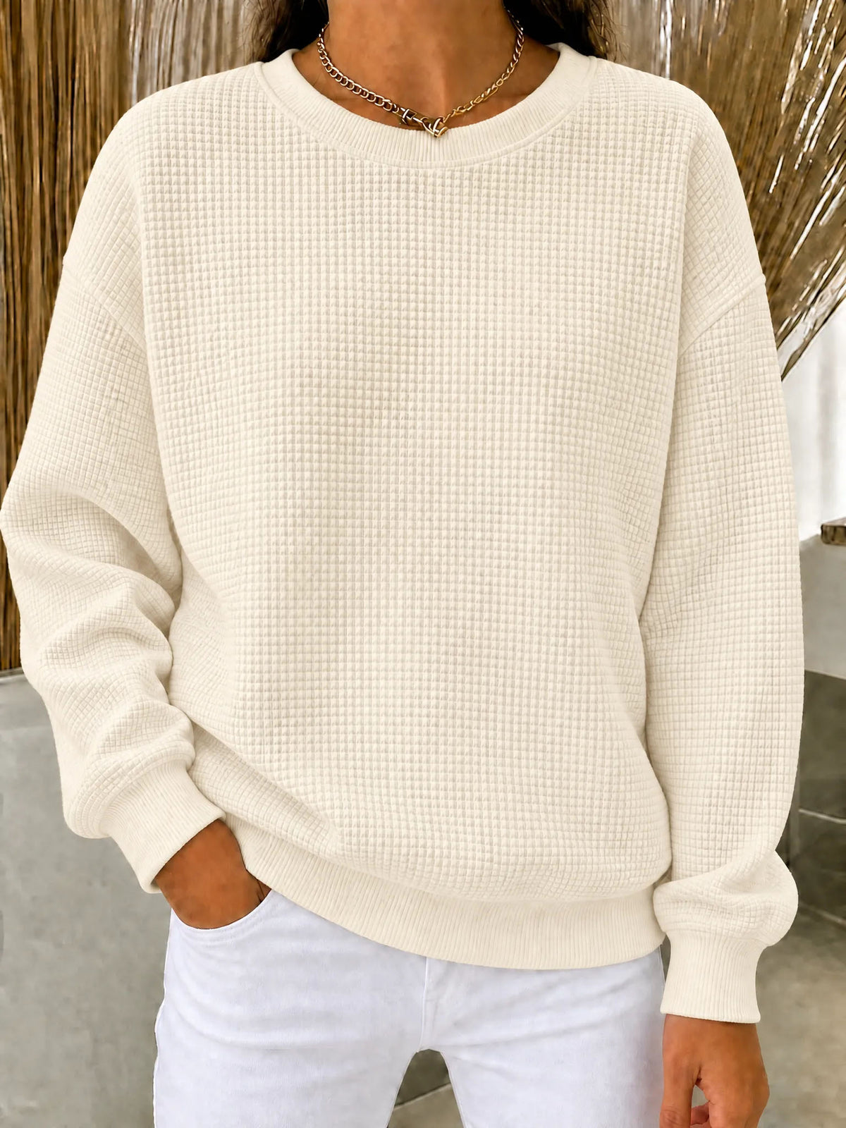 Women's Relaxed-Fit Waffle-Knit Long Sleeve Crewneck Sweater