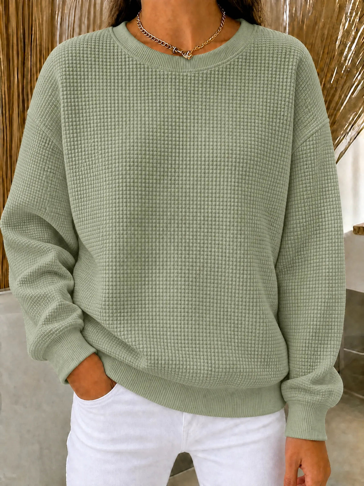 Women's Relaxed-Fit Waffle-Knit Long Sleeve Crewneck Sweater