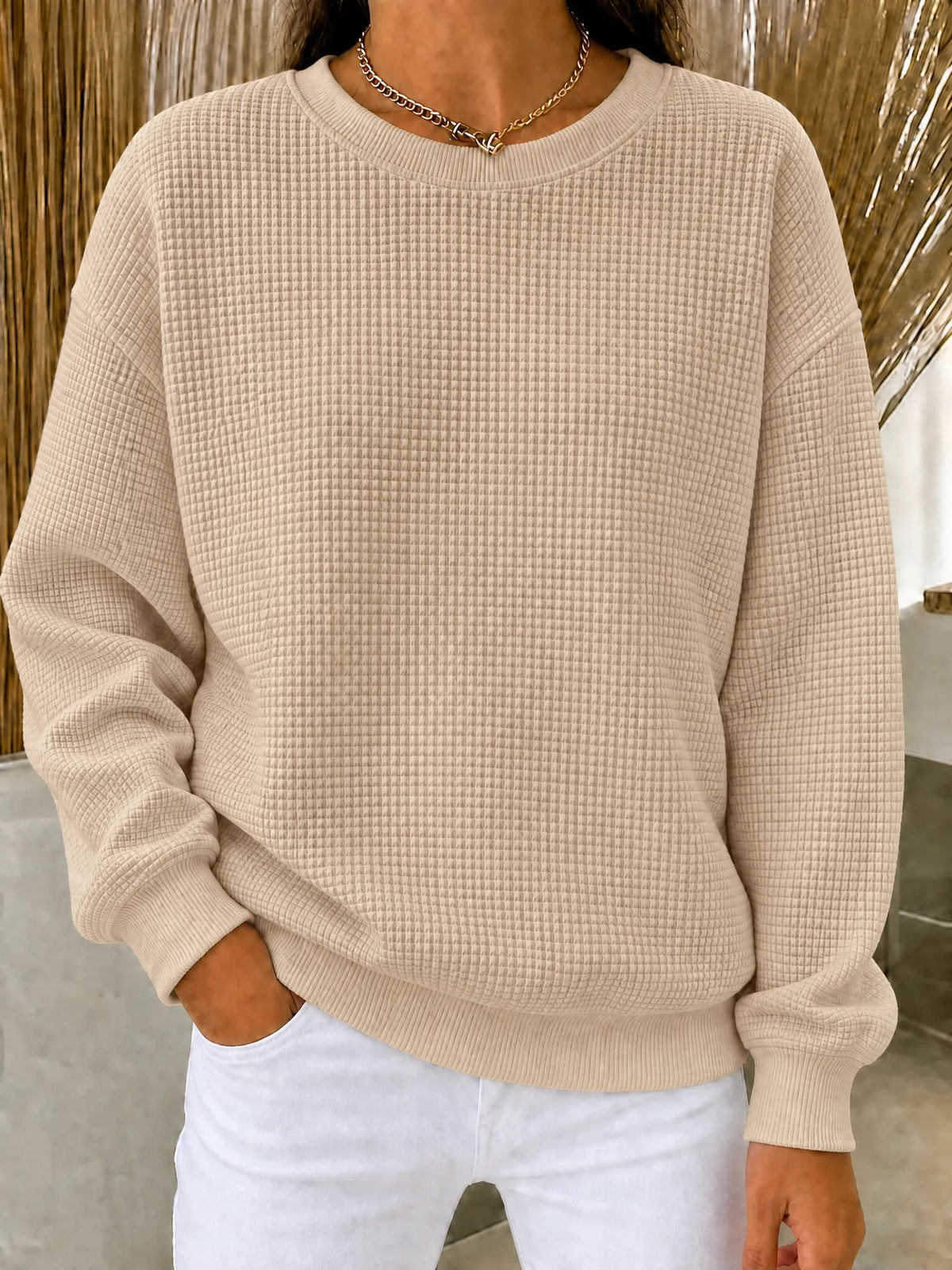 Women's Relaxed-Fit Waffle-Knit Long Sleeve Crewneck Sweater