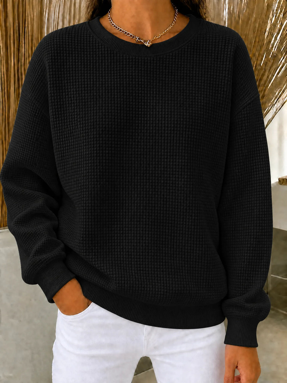 Women's Relaxed-Fit Waffle-Knit Long Sleeve Crewneck Sweater