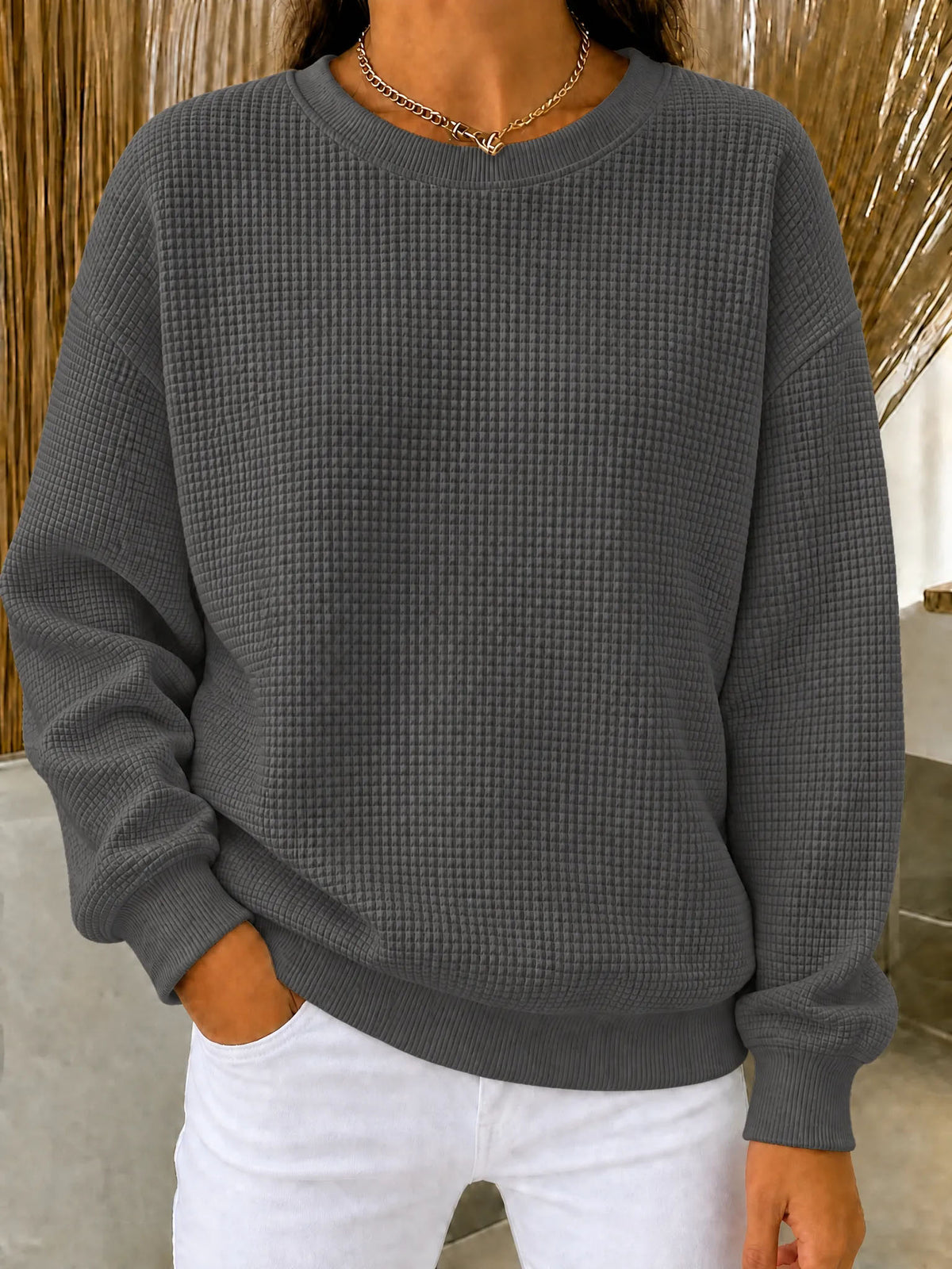 Women's Relaxed-Fit Waffle-Knit Long Sleeve Crewneck Sweater