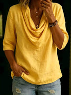 Women's Solid-color Swing-neck Casual Cotton-linen Shirt Top