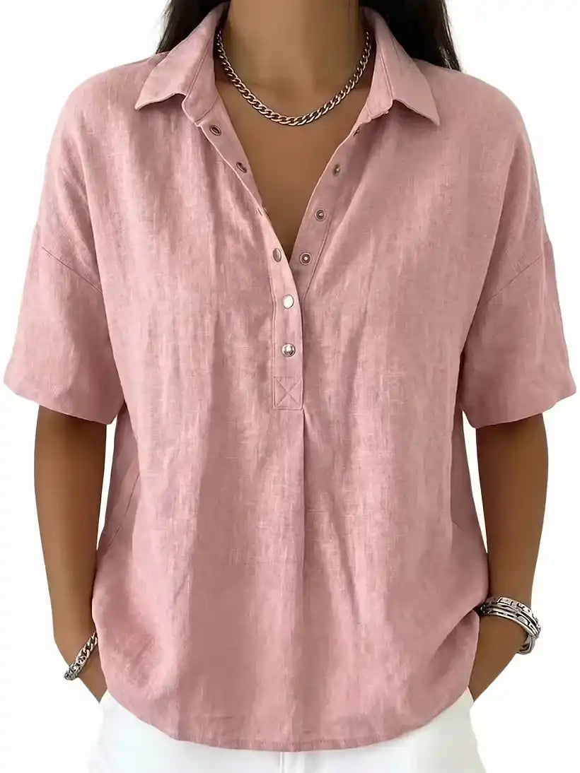 Women's Classic Linen Shirt-Collar Short-Sleeve Shirt, for Work