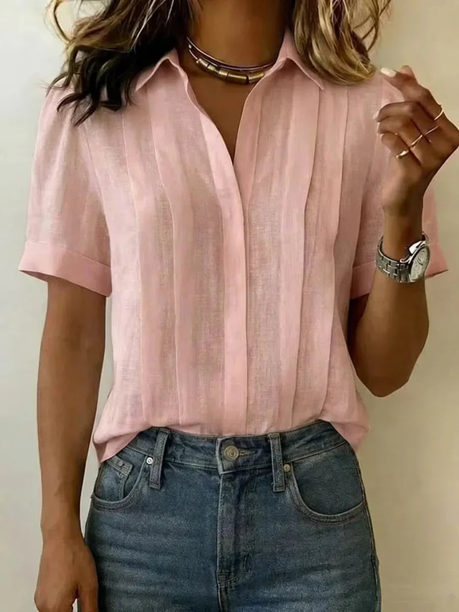 Clearance Sale🔥 Women's Lapel Short-sleeved Casual Loose Pleated Cotton And Linen Shirt T Shirts