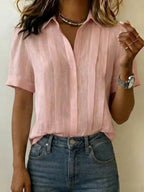 Clearance Sale🔥 Women's Lapel Short-sleeved Casual Loose Pleated Cotton And Linen Shirt T Shirts