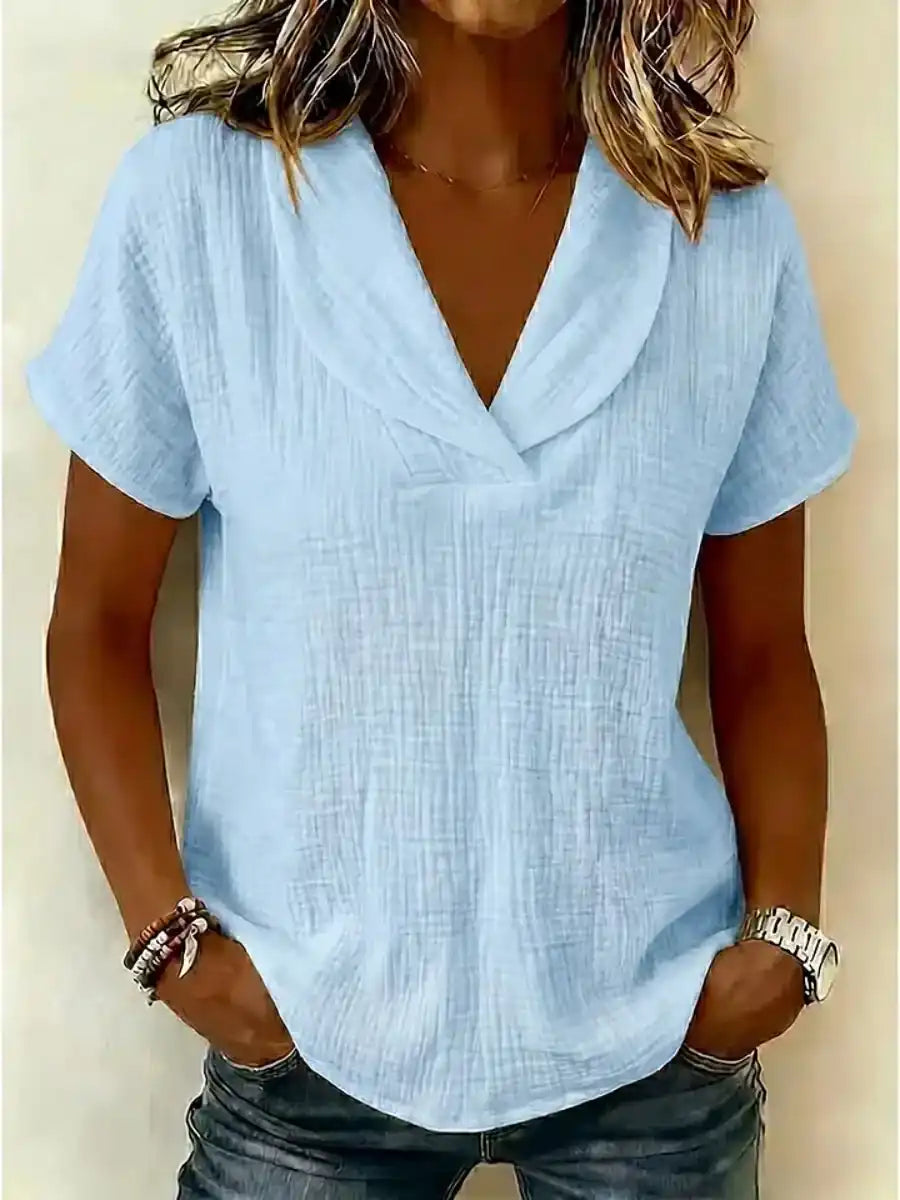 Women's Peter Pan Collar V-Neck Short-Sleeve Cotton-Linen Top