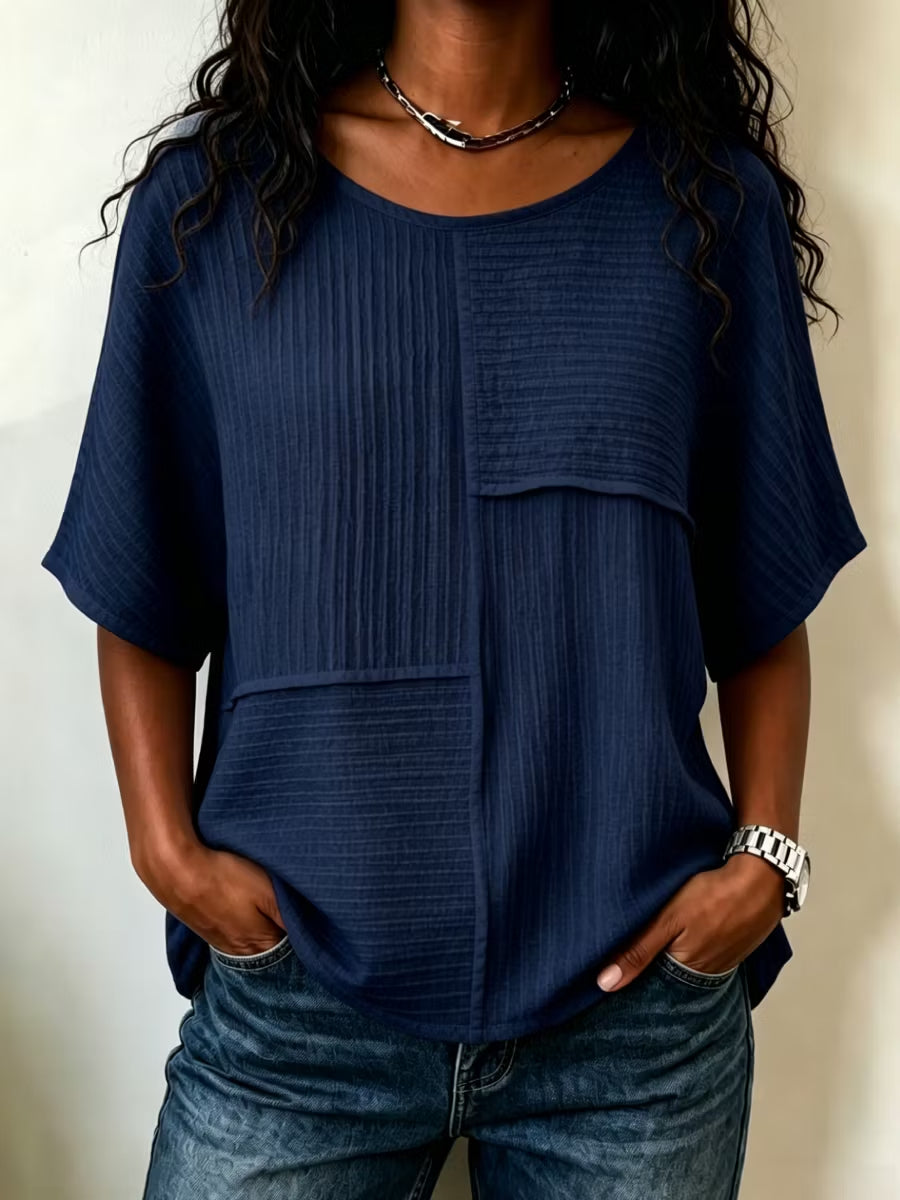 ⏰ LAST DAY SAVE 49%🔥 Women's Textured Patchwork Top with Round Neck and Short Sleeves
