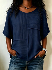 Women's Textured Patchwork Top with Round Neck and Short Sleeves