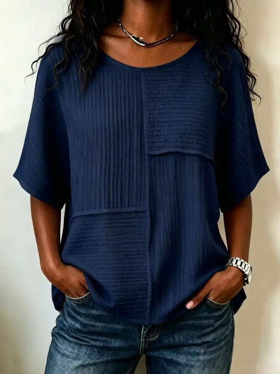 Women's Textured Patchwork Round-Neck Short-Sleeve Top, for Beach Days