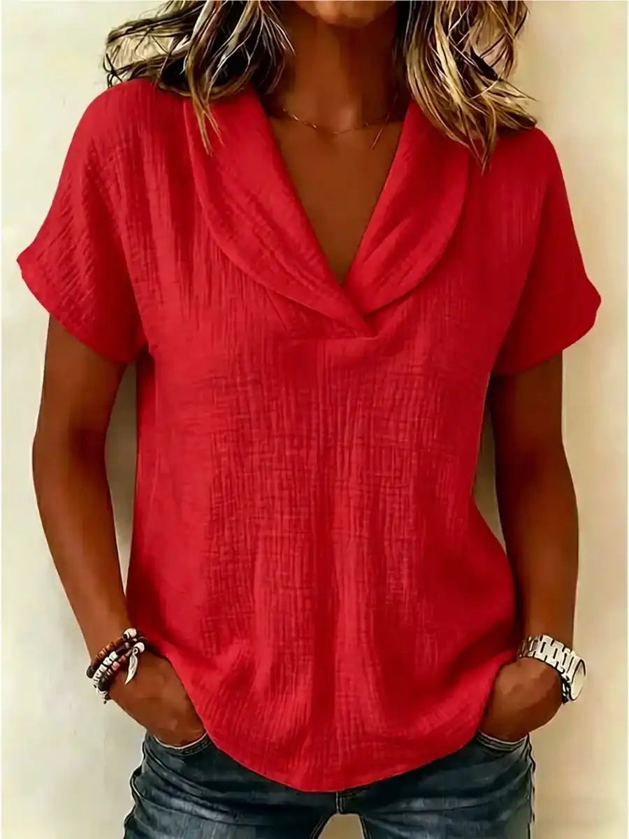 Women's Peter Pan Collar V-Neck Short-Sleeve Cotton-Linen Top