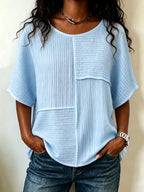 ⏰ LAST DAY SAVE 49%🔥 Women's Textured Patchwork Top with Round Neck and Short Sleeves