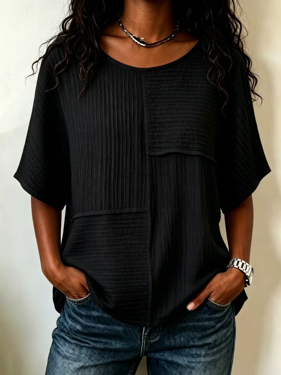 🔥 CLEARANCE SALE🔥 Women's Textured Patchwork Top with Round Neck and Short Sleeves