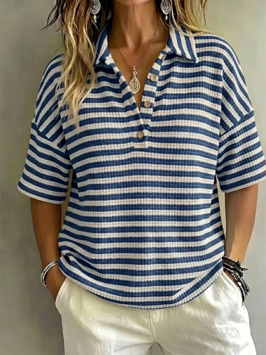 CLEARANCE SALE 49% off Women'S Fashion Striped Waffle Short-Sleeved Polo Shirt