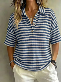 CLEARANCE SALE 49% off Women'S Fashion Striped Waffle Short-Sleeved Polo Shirt