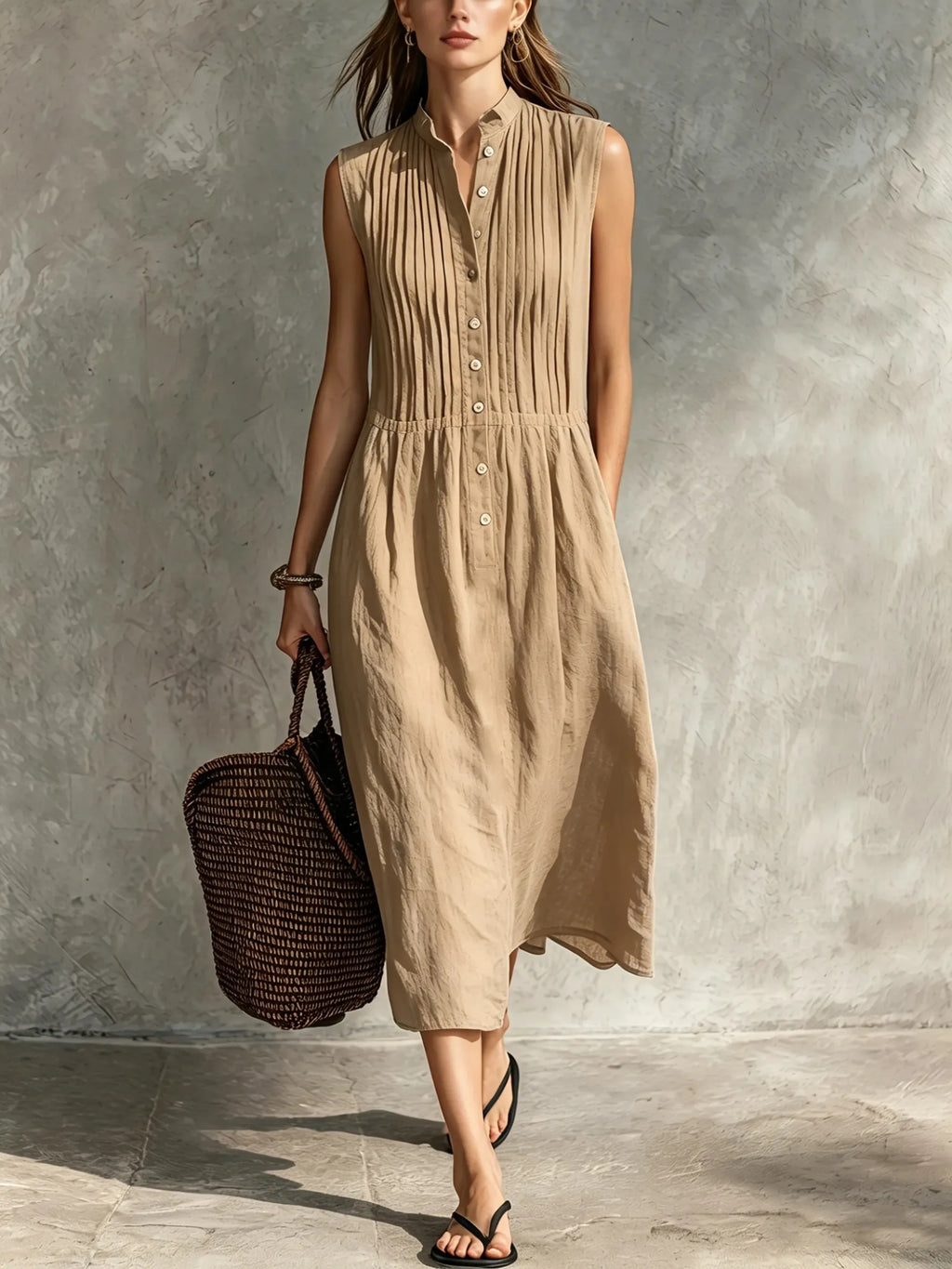 Women’s Casual Cotton-Linen Sleeveless Midi Dress