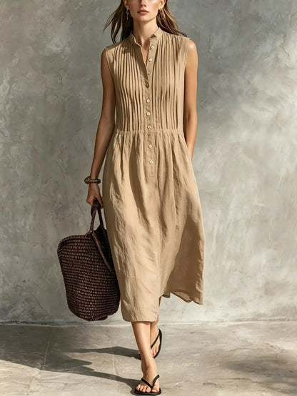 Women’s Casual Cotton-Linen Sleeveless Midi Dress