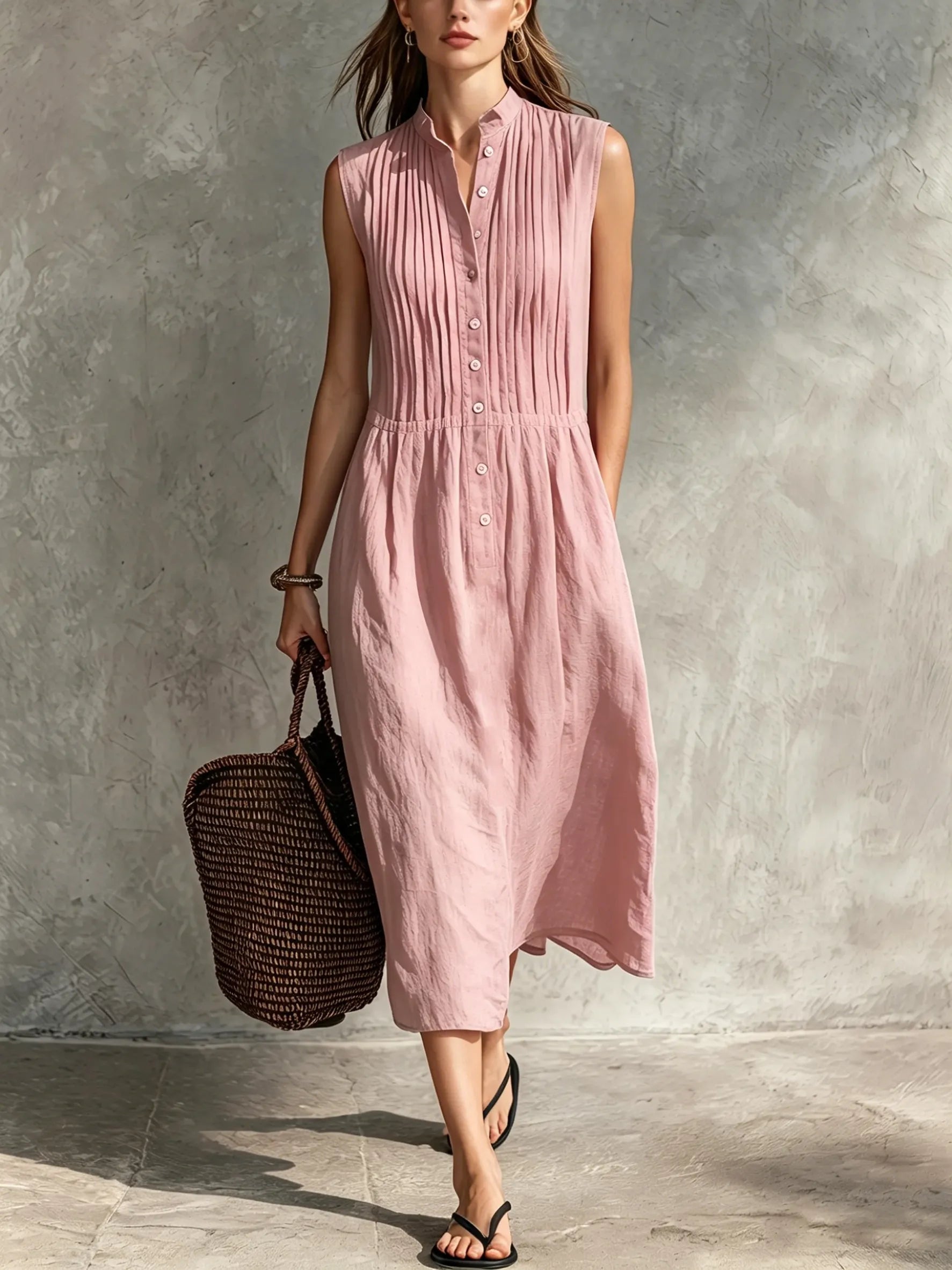 Women’s Casual Cotton-Linen Sleeveless Midi Dress