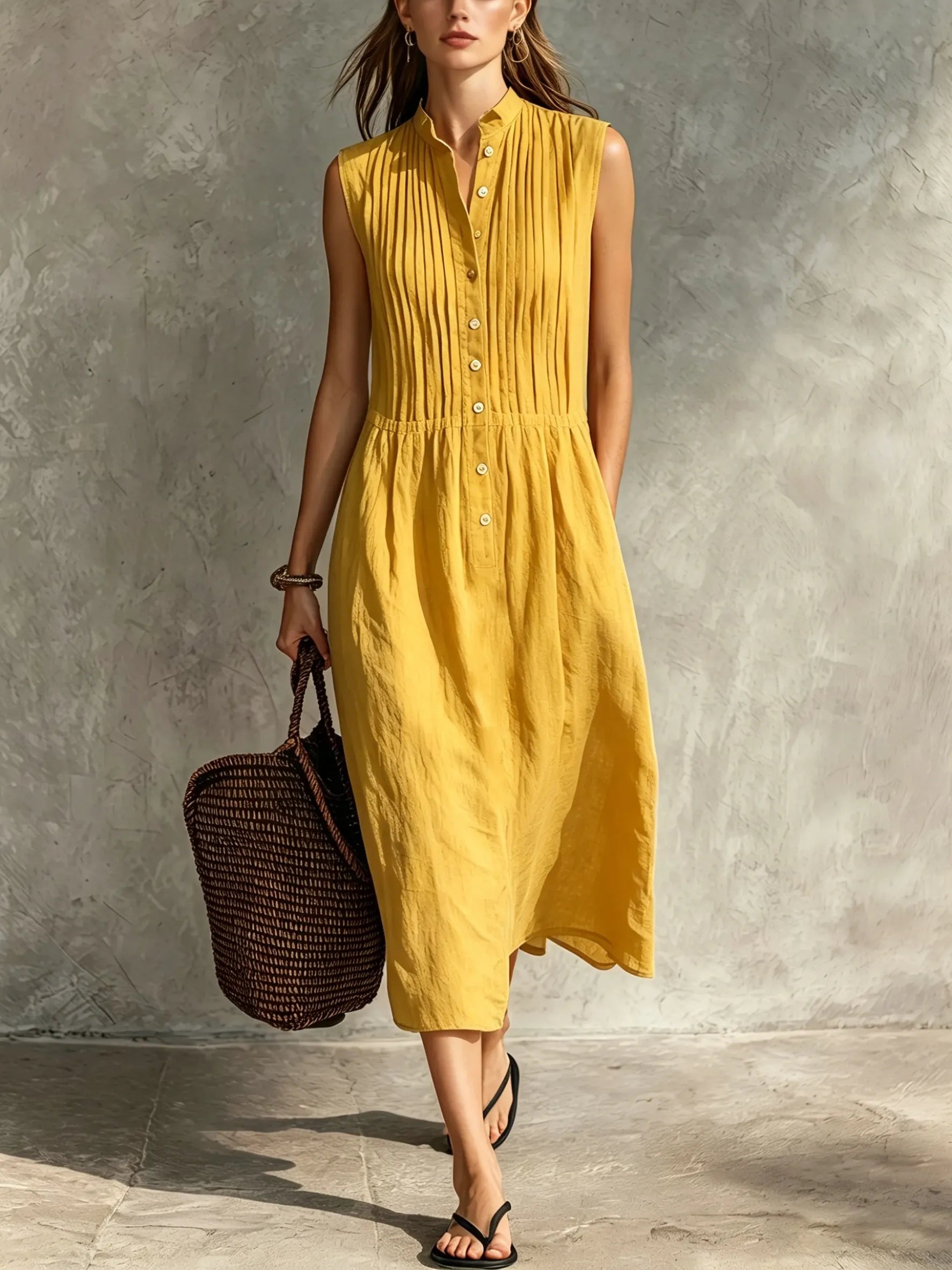 Women’s Casual Cotton-Linen Sleeveless Midi Dress