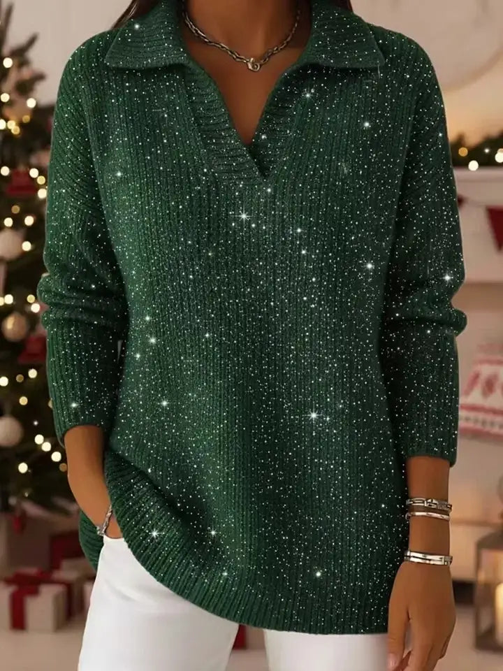 🎄 New Arrivals🔥 Christmas Party Polo Collar Shiny Loose Sweater Top