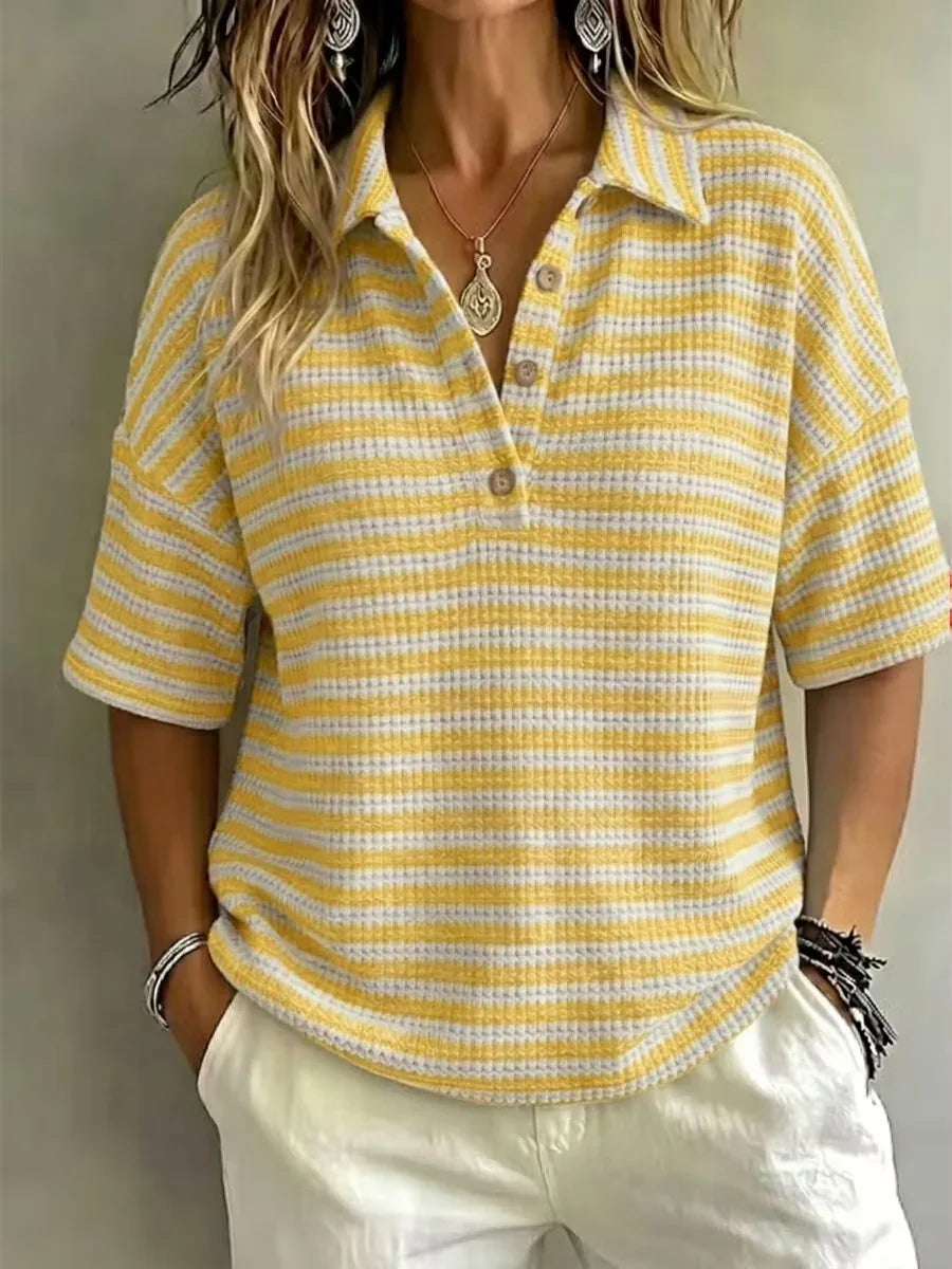 CLEARANCE SALE 49% off Women'S Fashion Striped Waffle Short-Sleeved Polo Shirt