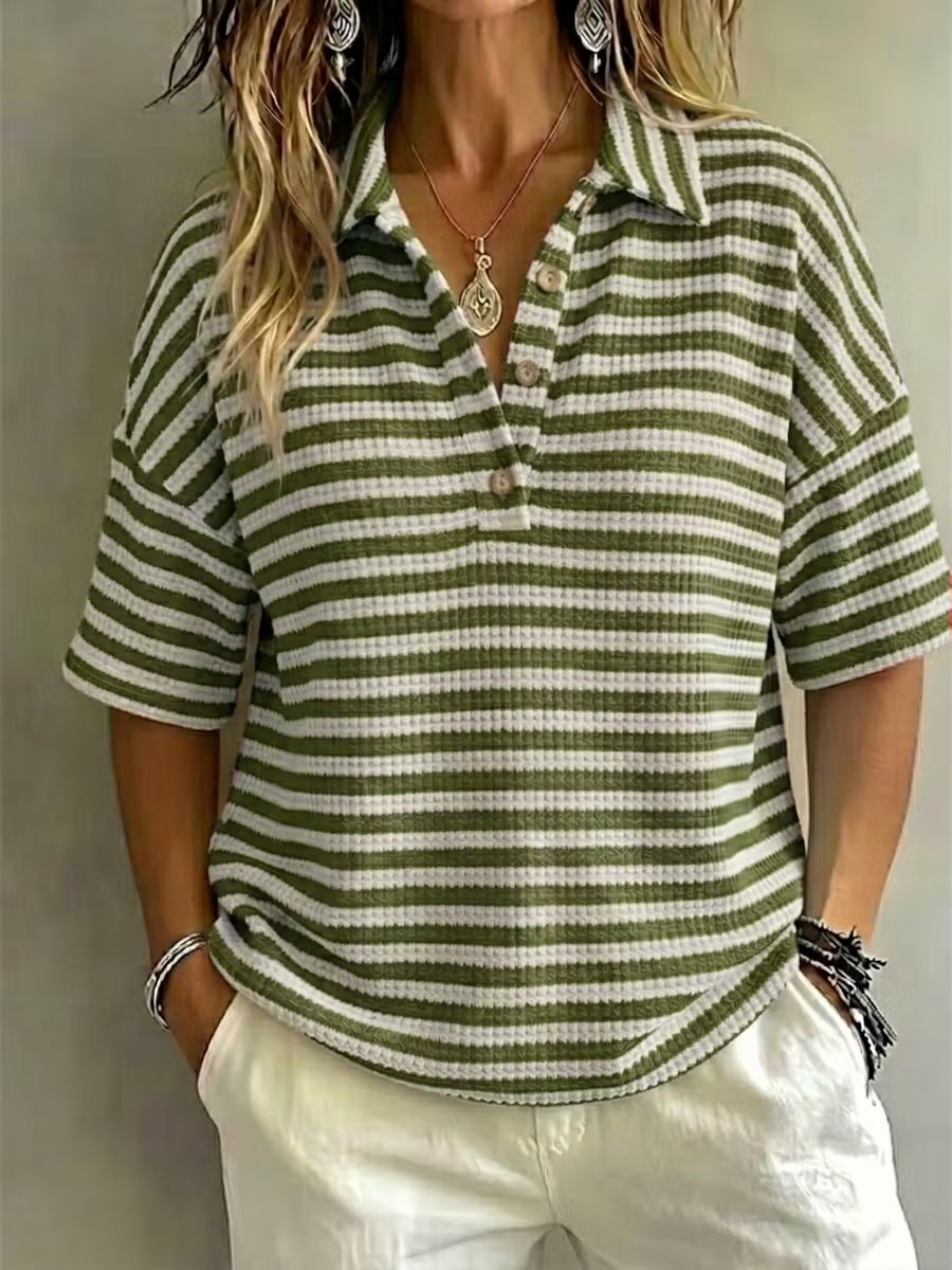 CLEARANCE SALE 49% off Women'S Fashion Striped Waffle Short-Sleeved Polo Shirt