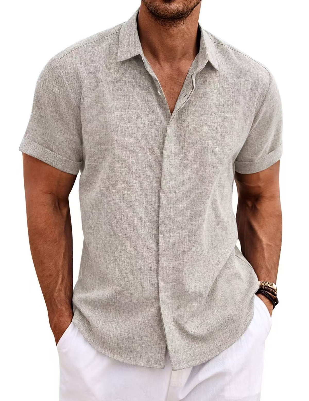 Men's Casual Short Sleeve Cotton Linen Shirt - Summer Beach Button-Down Shirt