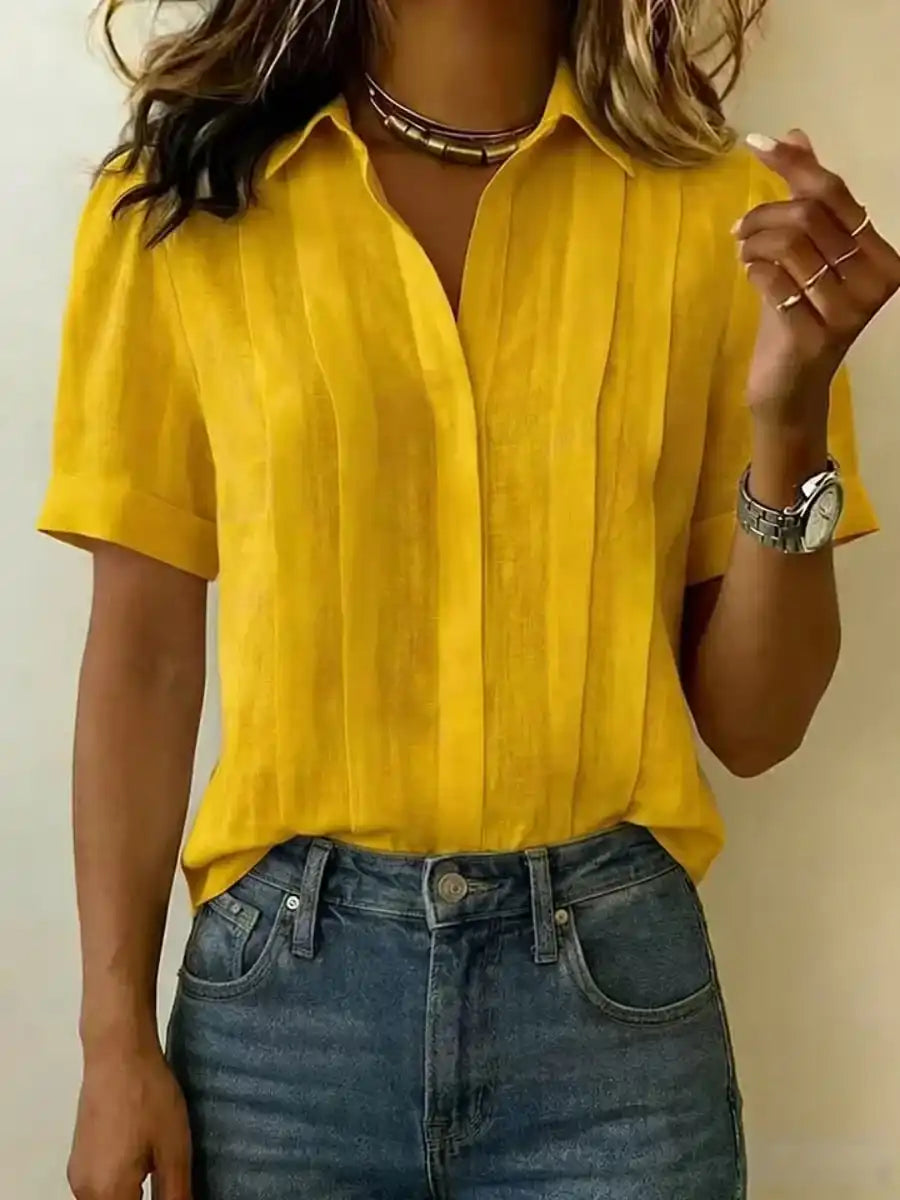 Women's Lapel Short-Sleeved Casual Loose Pleated Cotton and Linen Shirt
