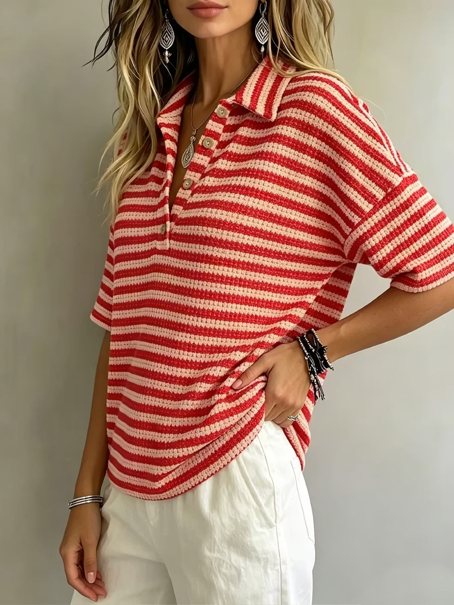 CLEARANCE SALE 49% off Women'S Fashion Striped Waffle Short-Sleeved Polo Shirt