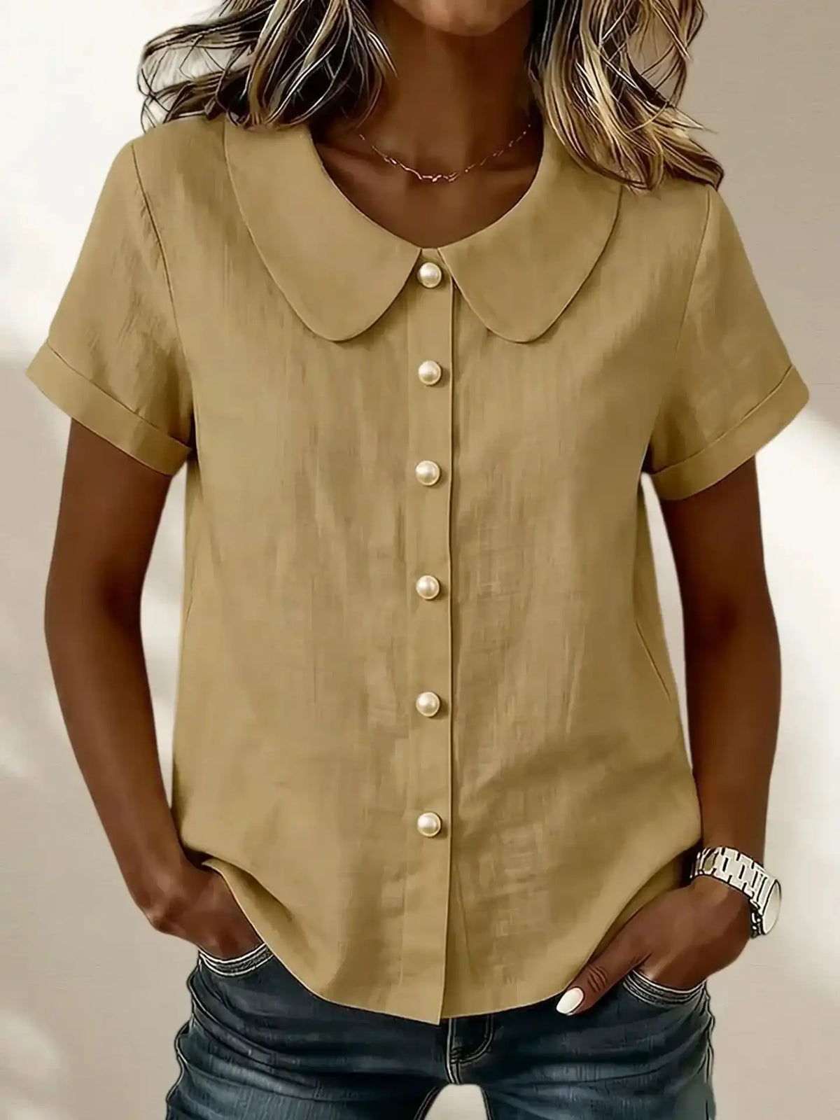 Women's Peter Pan Collar Casual Button-Up Cotton Linen Top