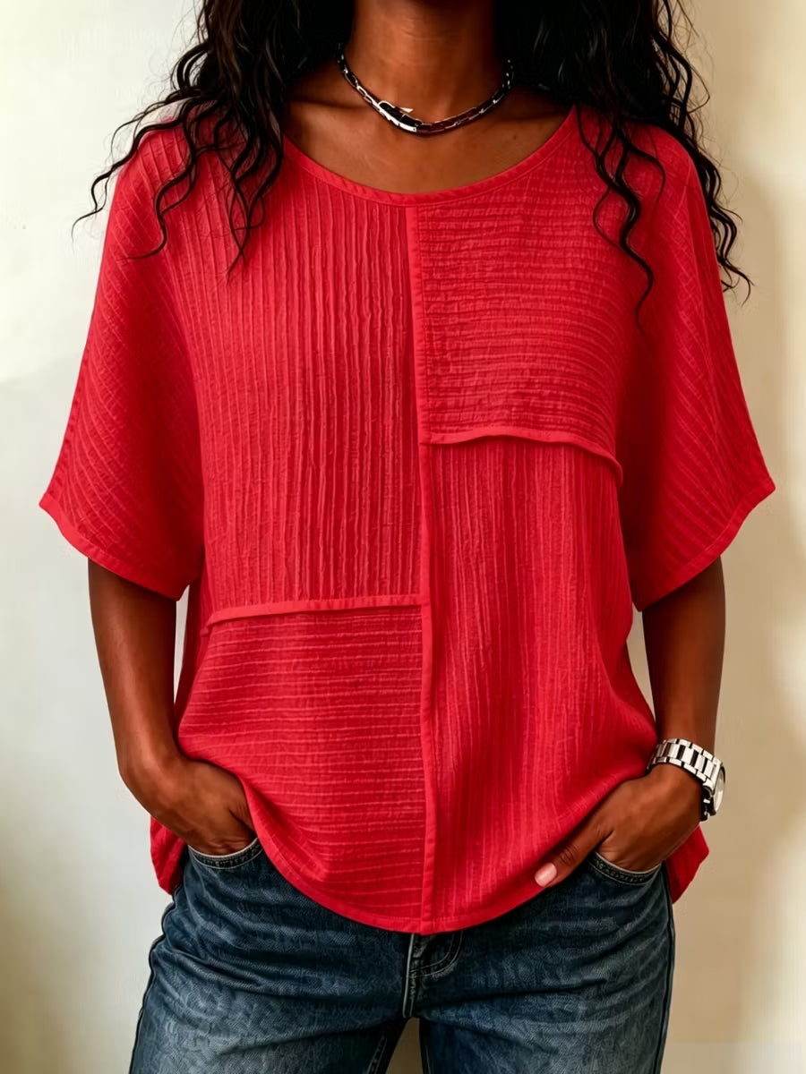 🔥 CLEARANCE SALE🔥 Women's Textured Patchwork Top with Round Neck and Short Sleeves