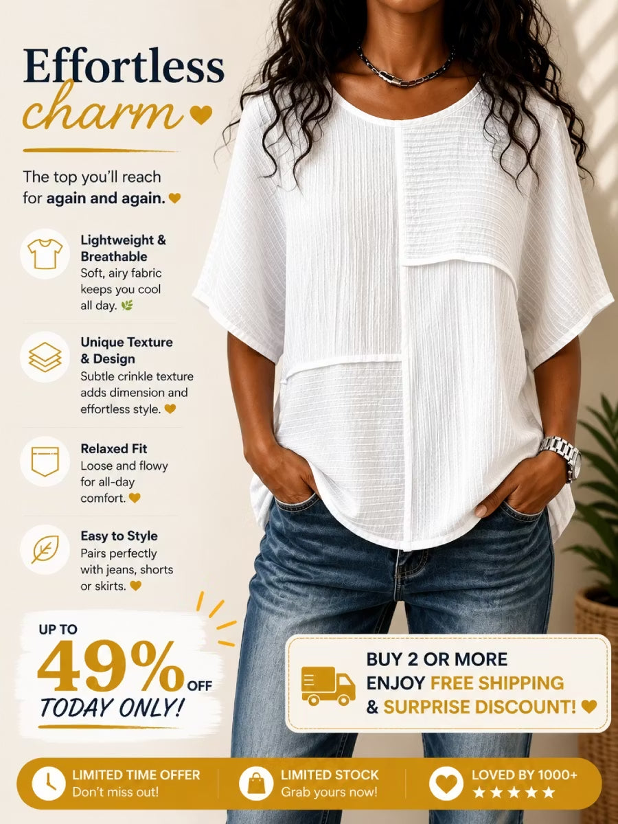 ⏰ LAST DAY SAVE 49%🔥 Women's Textured Patchwork Top with Round Neck and Short Sleeves