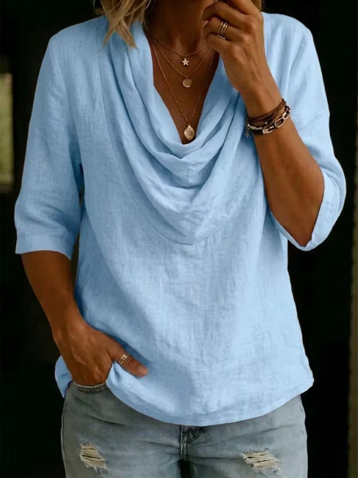 Women's Solid-color Swing-neck Casual Cotton-linen Shirt Top