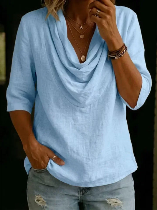 Women's Solid-color Swing-neck Casual Cotton-linen Shirt Top