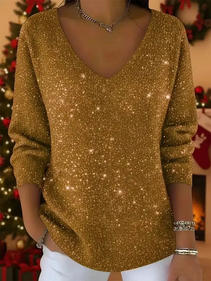 🎄 CLEARANCE SALE🔥 Women's V-neck Solid Color Loose Shiny Sweater