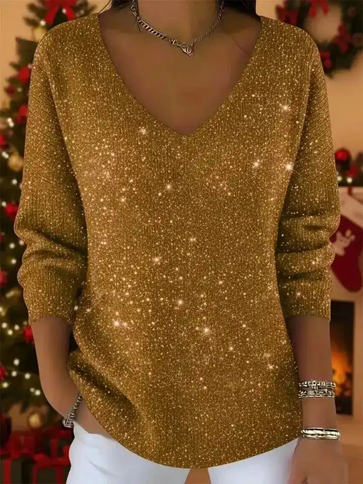 Women's V-Neck Solid Color Loose Shiny Sweater
