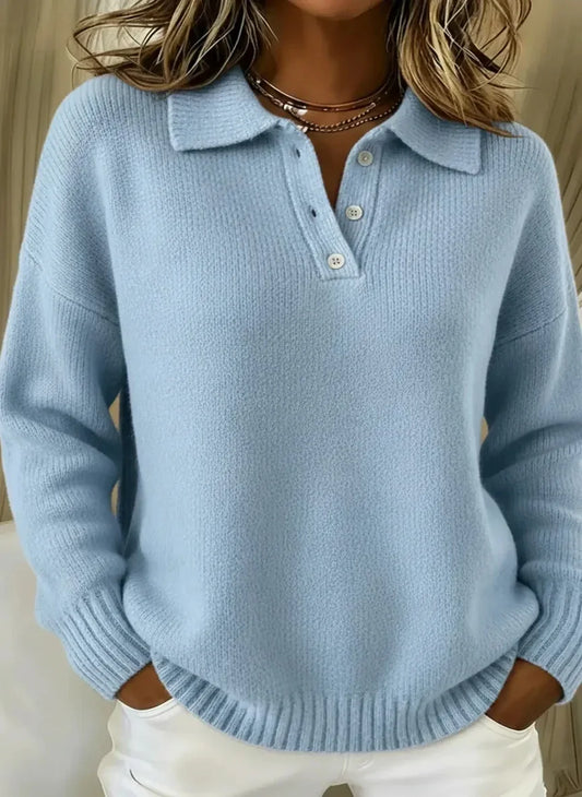 Light blue knit polo sweater with relaxed fit, ribbed collar and cuffs, styled for mature women