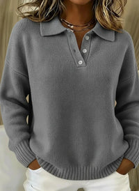Gray knit polo sweater with relaxed fit, button placket, and ribbed cuffs for stylish plus size women