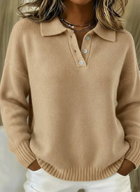 Beige ribbed knit polo sweater with buttons, relaxed fit for women, paired with white pants