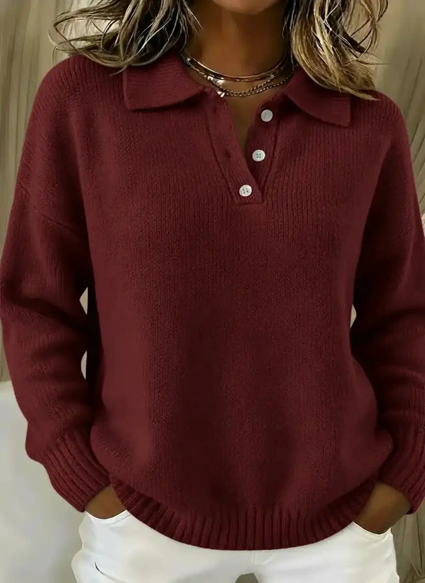 Burgundy knit polo sweater with buttons, relaxed fit for women, paired with white pants
